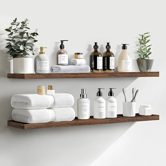 LaVie Home Floating Shelves, 36 Inch Wall Shelf Set of 2, Hanging Shelf with Invisible Brackets, Wall Decor for Bathroom, Bedroom, Living Room, Kitchen Storage, Rustic Brown-Ruum Studio Home