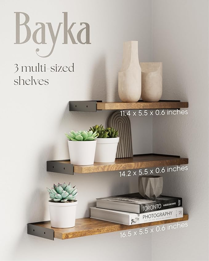 BAYKA Wall Shelves for Bedroom Decor, Floating Wall Shelves for Living Room Kitchen Storage, Wall Mounted Rustic Wood Floating Shelves for Kids Books,Corner Shelves for Bathroom(Set of 3)-Ruum Studio Home