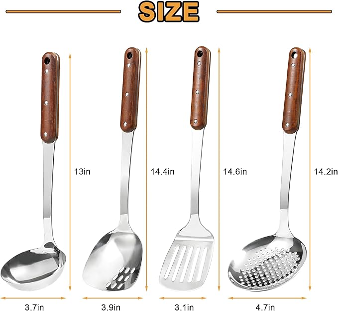 FJNATINH Stainless Steel Wok Spatula,Slotted Spatulas,Ladle,Skimmer Ladle Tool Set,Mirror Polished Cooking Utensils Kitchen Cookware, Pack of 4,Sliver-Ruum Studio Home