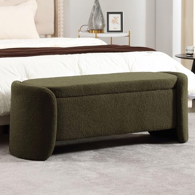 ROCTY Green Boucle Storage Bench - 50" Sherpa End of Bed Ottoman with Seating and Storage for Bedroom, Entryway, Living Room, Vanity or Makeup Room - Teddy Fabric-Ruum Studio Home