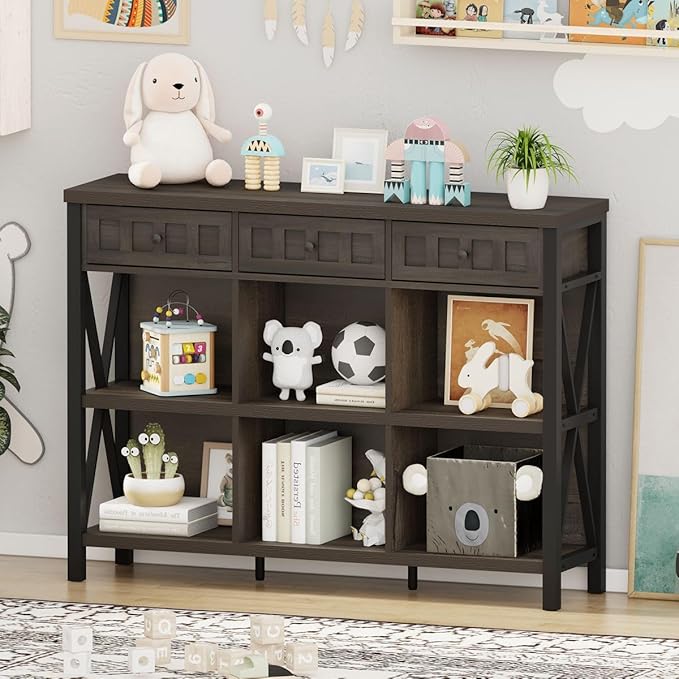 FATORRI Rustic 6 Cube Storage Organizer Bookshelf with 3 Drawers, Short Low Horizontal Bookshelf for Living Room, Industrial Wood and Metal Cubby Bookcase for Home Office (Walnut Brown, 47 Inch)-Ruum Studio Home