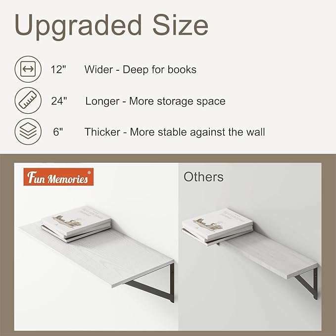 Deep Floating Shelves, 12 Inch Deep Floating Shelves for Wall, 24"W x 12"D Wall Shelves for Books, Rustic White Wooden Shelves, Large Wide Display Shelf for Bathroom, Living Room, Bedroom, Set of 2-Ruum Studio Home