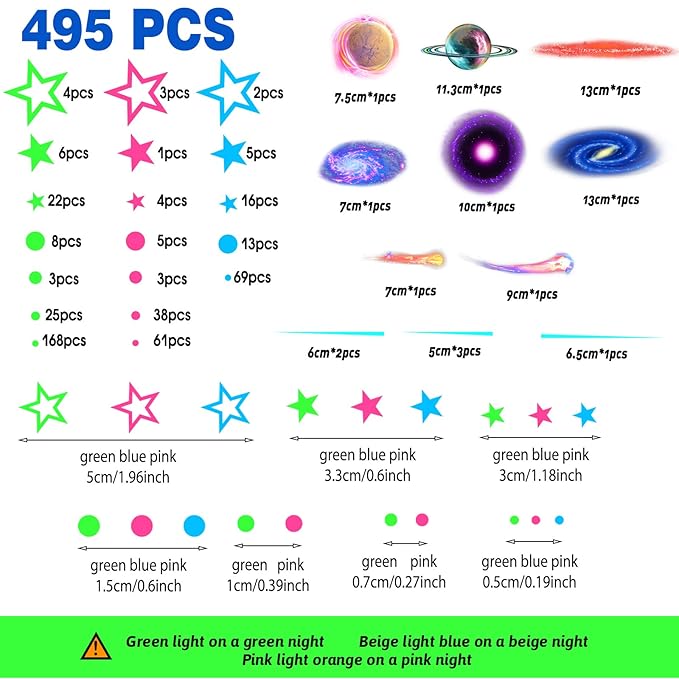 Spakon 495 Pcs Glow in The Dark Moons and Stars Wall Decals for Ceiling,Glowing Planets Wall Stickers Removable Galaxy Solar System Space Decal Nursery Stickers for Kids Bedroom Living Room Decor-Ruum Studio Home