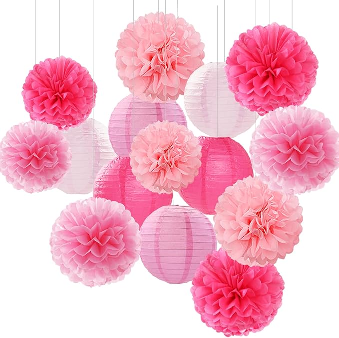 Light-Hot Pink Party-Decorations Paper-Flowers Lanterns - 15pcs Graduation Girl Birthday Decor Tissue Pom Poms Streamers, Bridal Baby Shower Wedding Bachelorette Valentine Hanging Supplies Hugfond-Ruum Studio Home