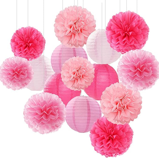 Light-Hot Pink Party-Decorations Paper-Flowers Lanterns - 15pcs Graduation Girl Birthday Decor Tissue Pom Poms Streamers, Bridal Baby Shower Wedding Bachelorette Valentine Hanging Supplies Hugfond-Ruum Studio Home