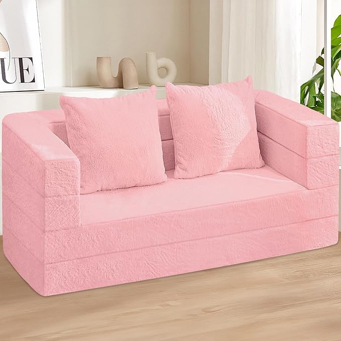 Folding Bean Bag Chair for Adults,3-in-1 Bean Bag Couch Faux Fur Floor Sofa Large Beanbag Convertible Bean Bag Sofa Bed with Pillow in Bedroom,Living Room,Apartment(Queen,Pink)-Ruum Studio Home