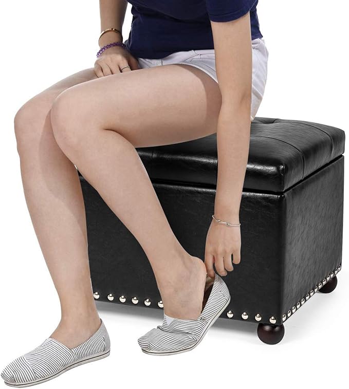 Joveco Leather Storage Ottoman, 24" Rectangle Tufted Foot Rest Stool, for Living Room Bedroom, Midnight Black-Ruum Studio Home