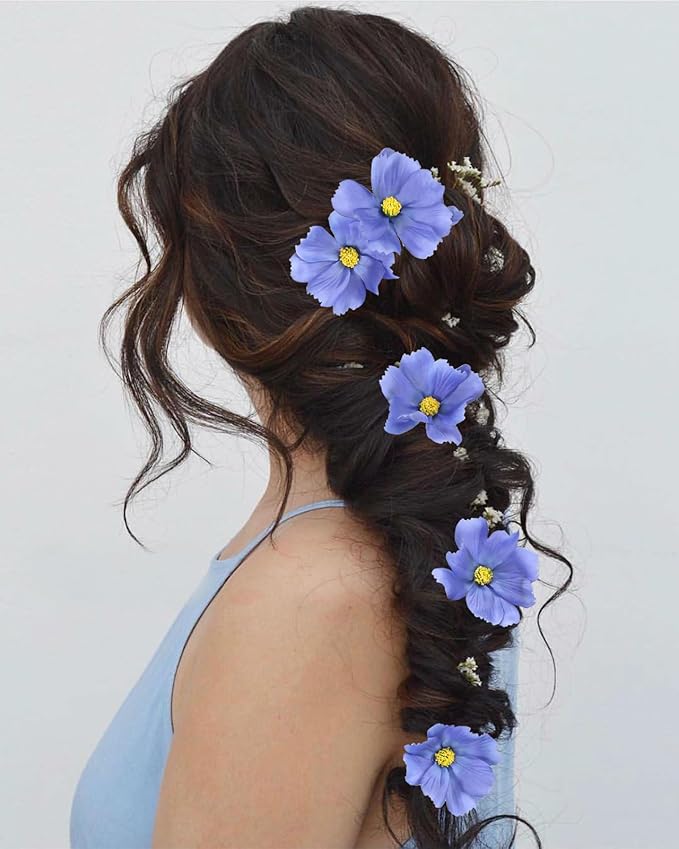 IPOPU Blue Flowers Artificial Cosmos 5PCS Fake Blue Wildflowers 24.5" Fake Daisies for Home Decor Indoor Faux Wild Flowers for Floral Arrangements Wedding Centerpiece-Ruum Studio Home
