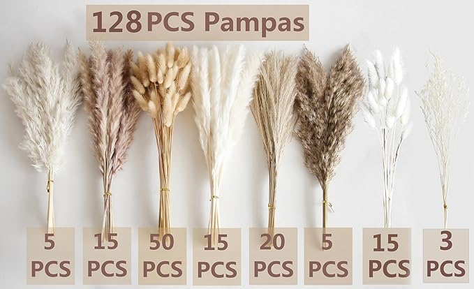 128 PCS Dried Pampas Grass Bouquet, Boho Table Decor, Bunny Tails Dried Flowers, Brown Pampas, White Pampas Grass for Weddings, Home Decor, Rustic Parties, and Baby Shower Decorations-Ruum Studio Home
