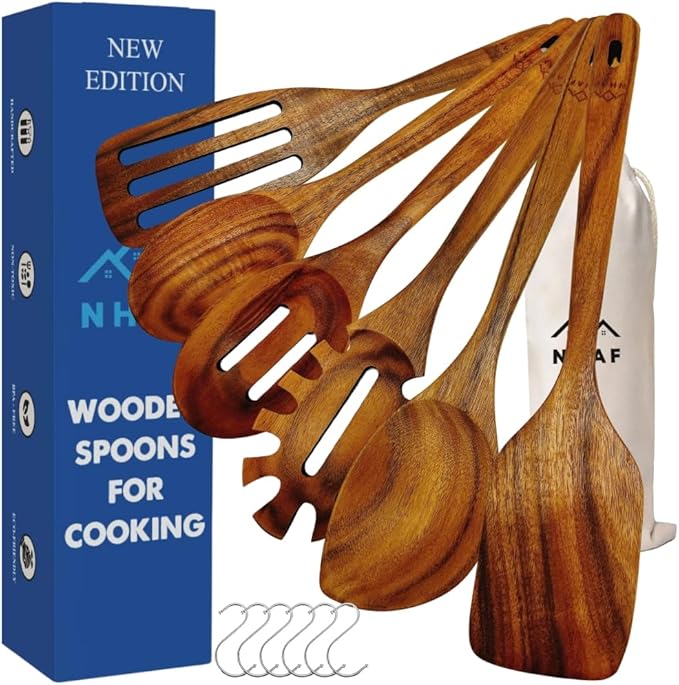 Wooden Utensils for Cooking, Premium Teak Healthy Spoons, Wooden Spoons for Cooking, Durable Eco-Friendly and Safe Teak Cooking Spoon, Cooking Gifts for Mom (set of 6) and Hooks-Ruum Studio Home