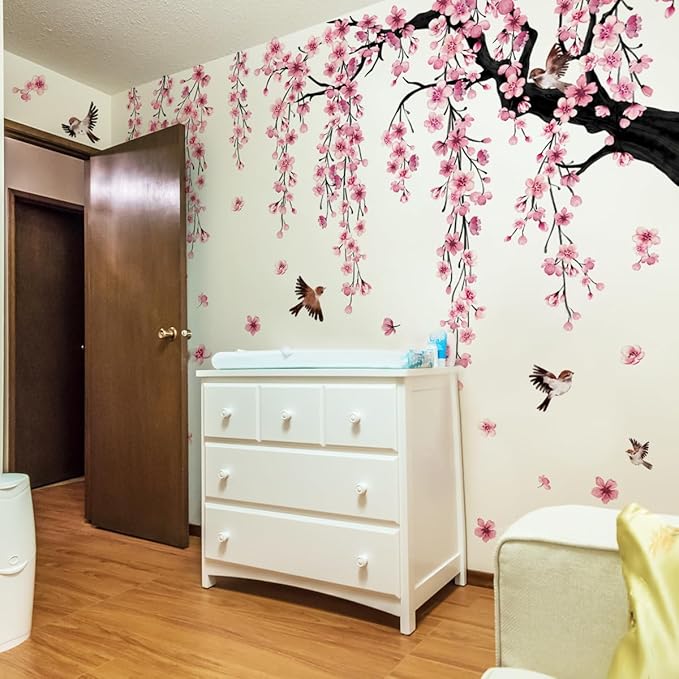 Runtoo Large Cherry Blossom Tree Wall Decals Peel and Stick Pink Floral Wall Art Stickers for Living Room Bedroom Nursery Flower Decor-Ruum Studio Home