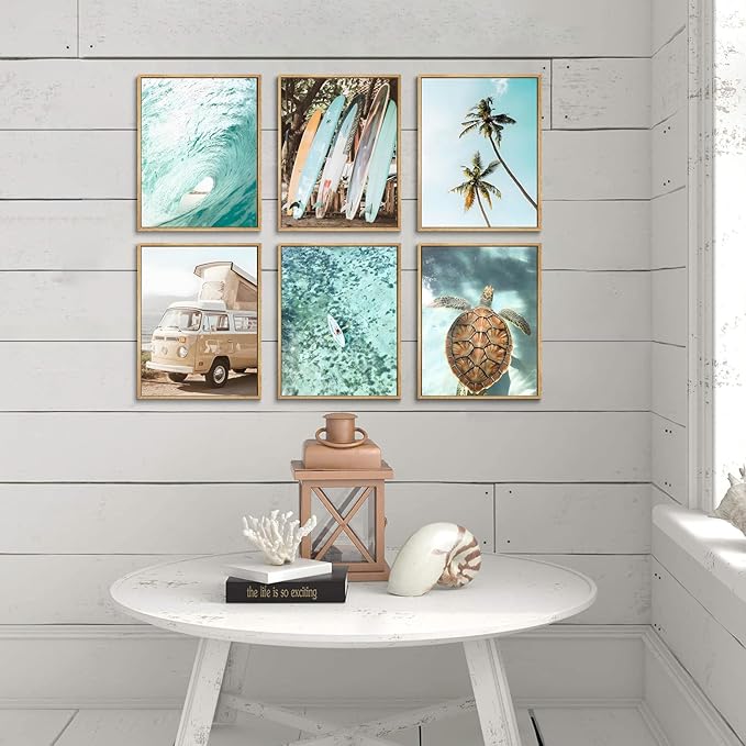Laywhq Coastal Beach Wall Art Summer Ocean Surf Tropical Canvas Wall Decor Summer Nautical Palm Tree Turtle Surfboard Bus Room Paintings Prints Posters for Bedroom Living Room Set of 6 8x10in Unframed-Ruum Studio Home