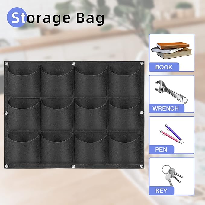 12 Pockets Hanging Planter Bags, Hanging Vertical Wall Mounted Plant Planting Grow Bags, Herb Garden Planter Outdoor Indoor Growing Bag, Gardening Vertical Greening Flower Container(0.6m×0.8m, Black)-Ruum Studio Home
