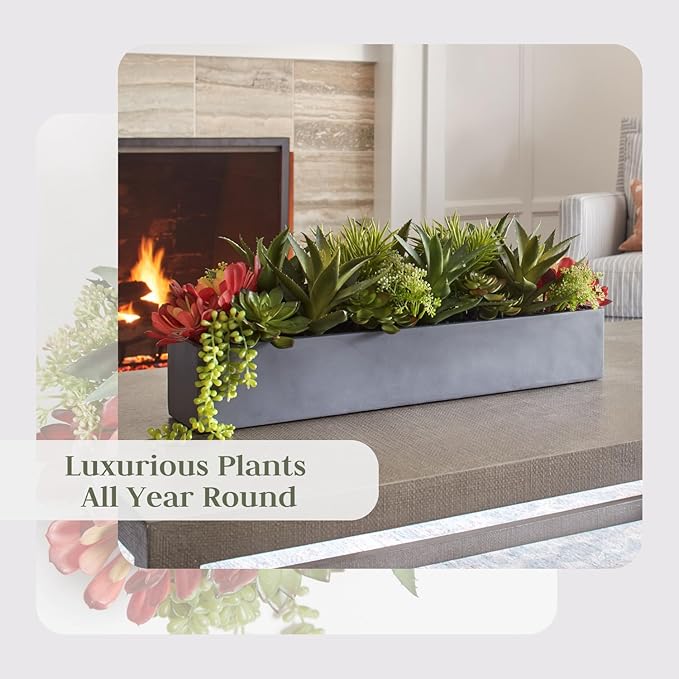 Oblong Faux Succulent Arrangement, Premium Artificial Indoor Plant Enhances Interior Design, Display on any Surface in Your Home Adding an Inviting Touch of Nature, Grey Planter Pot Included-Ruum Studio Home