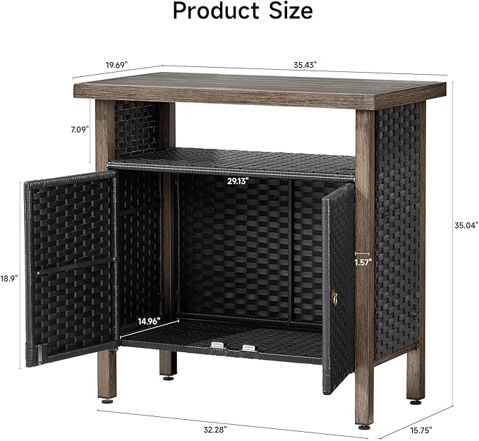 Outdoor Storage Cabinet, Woven Rattan Bar Table with 2 Doors, Slatted-Top, Wicker Console Table for Patio, Garden, Backyard, Kitchen - Black-Ruum Studio Home
