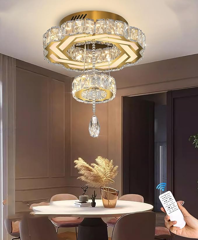 Flashing God Small Crystal Chandeliers Dia 12" Gold Chandelier Flush Mount Ceiling Light for Bedroom Living Room Dining Room Hallway Dimmable 3 Rings LED Celing Lighting Fixtures-Ruum Studio Home