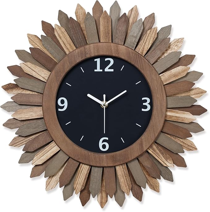 Honiway 16 Inch Wall Clocks, Rustic Wood Boho Sunburst Decorative Wall Clock Battery Operated Silent Non Ticking Farmhouse Large Wall Clocks for Living Room Kitchen Bedroom Home Decor (Tricolor)-Ruum Studio Home