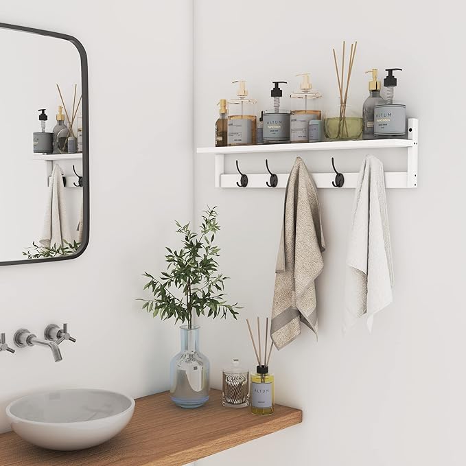 AMBIRD Wall Hooks with Shelf | Entryway Hanging Wood Coat Hooks | Wall-Mounted Rack with 5 Dual Hooks | Bathroom, Living Room, Bedroom (Modern).-Ruum Studio Home