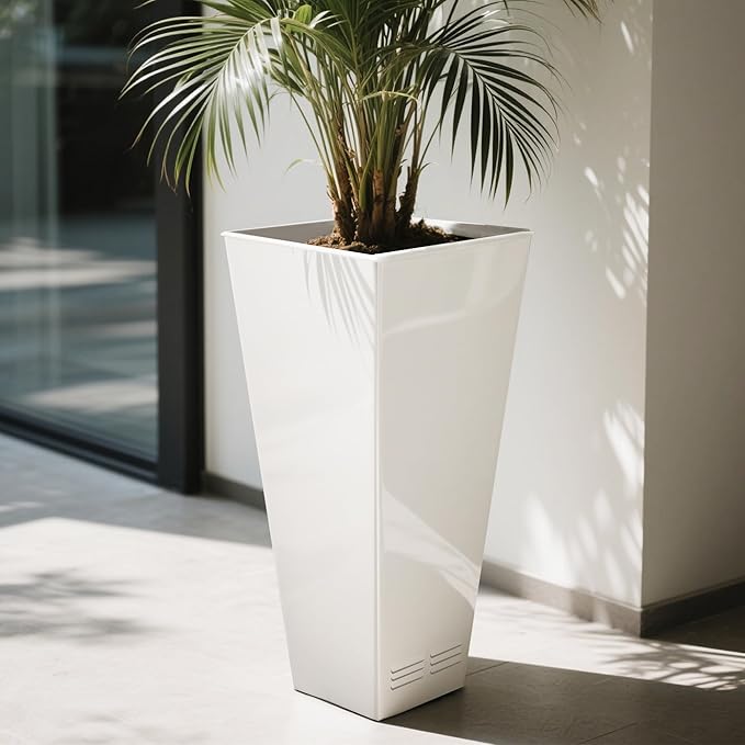 Worth Garden 28" H. Large Metal Glazed Planter Set of 2, Modern Glossy Finish White Tall Square Tapered Steel Flower Plant Pots for Indoor & Outdoor Use - Insert Plate with Drain Holes, Air Vents-Ruum Studio Home