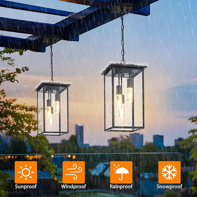 3-Color LED Outdoor Pendant Light with Remote, 3-Light 19" Large Outdoor Chandelier for Porch, Black Exterior Pendant Lighting Fixture Ceiling Mount Pendant Lantern for Patio Front Door-Ruum Studio Home