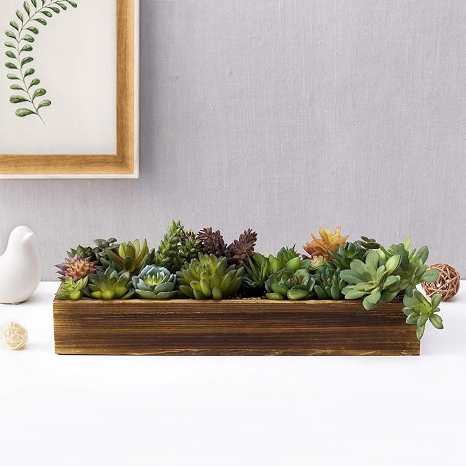 MyGift Artificial Succulent Centerpiece, 15.75 Inch Faux Succulents Arrangement Plants in Rustic Burnt Wood Rectangular Planter Box-Ruum Studio Home