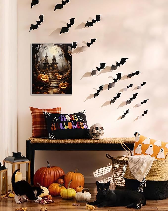 AbcCustomize Halloween Canvas Wall Art - Spooky Haunted House & Eerie Pumpkins Poster, Gothic Fall Decorations for Home, Vintage Halloween Decor Indoor for Living Room, Bedroom & Party-Ruum Studio Home