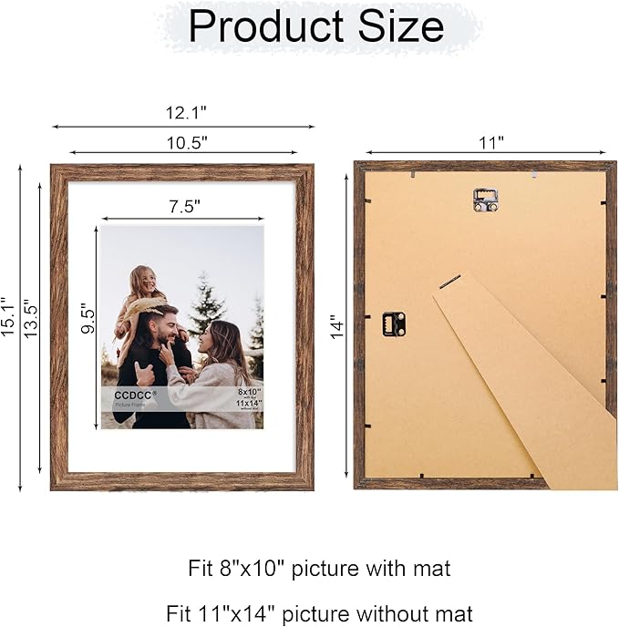 11x14 Picture Frame Set of 4, 11 x 14 Wood Photo Frames with Mat for 8x10, Natural Wooden Frame with Real Glass Cover for Wall and Tabletop Display,Rustic Brown-Ruum Studio Home