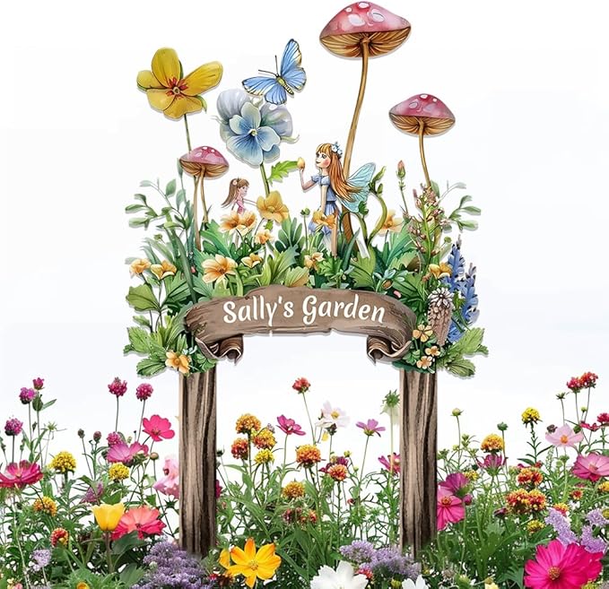 Personalized Cute Fairy Metal Sign with Stake,Custom Gardener Family Name Signs Outdoor Decor,Customized Butterfly Gardening Gifts for Mother,Flowers Plaques Decorate for Garden Patio Lawn Porch Yard-Ruum Studio Home