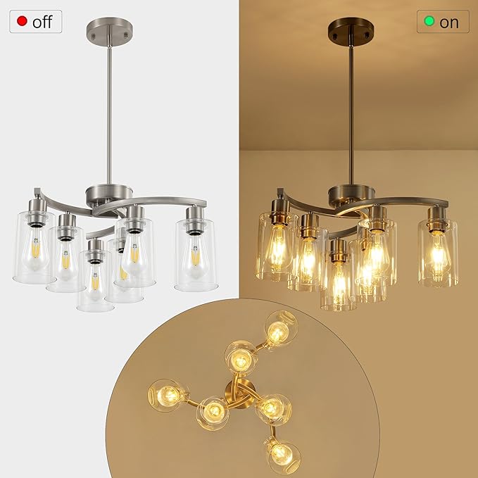 6 Light Modern Brushed Nickel Pendant Light Fixture For Dining Room，Contemporary Kitchen Light Fixtures Brushed Nickel，Adjustable Height Farmhouse Dining Chandeliers Over Table，With Glass Shade-Ruum Studio Home