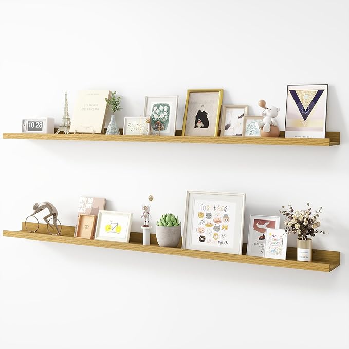 Picture Ledge Shelf, Wood Long Floating Shelves for Wall, Set of 2, 56 inch Picture Ledge Shelves, Photo Ledge Nursery Book Shelves Wall Mounted for Living Room Kids' Room Bedroom, Color Oak-Ruum Studio Home