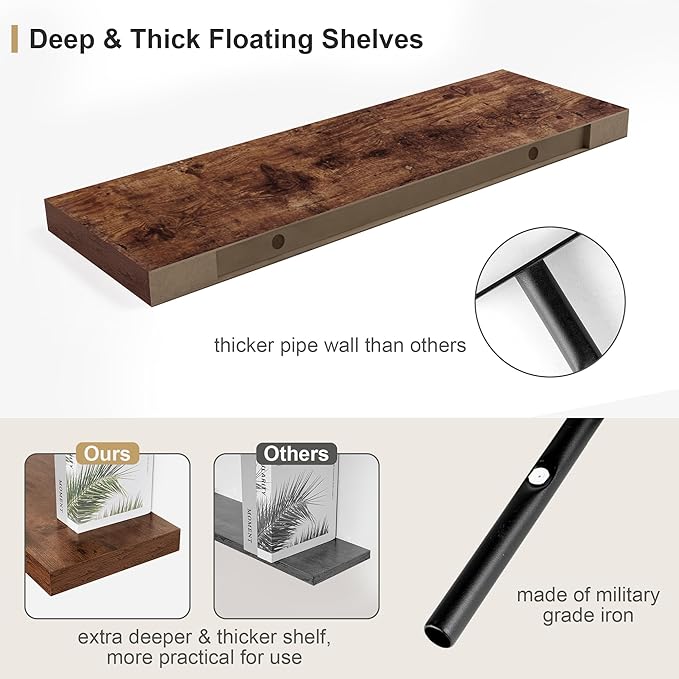 Heimlove Rustic Brown Bathroom Shelves Floating Shelves for Wall Shelf Over Toilet Long Wall Mounted Modern Farmhouse,48 x 12 Shelves with Invisible Brackets for Living Room, Kitchen, Bedroom-Ruum Studio Home