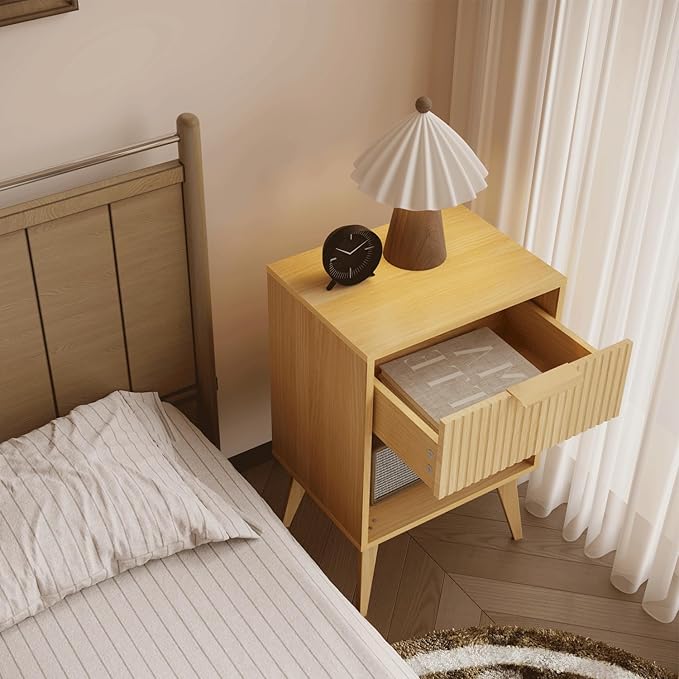 Fluted Night Stand with Opening Storage,Mid Century Bedside Table with Drawer,Wood Nightstand with Solid Wood Legs,End Table Side Table for Living Room,Bedroom,Natural CTG56Y-Ruum Studio Home