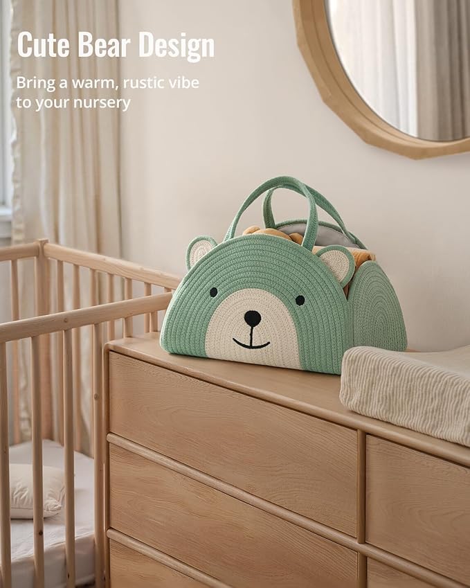 Blissful Diary Baby Diaper Caddy Organizer, Cotton Rope Diaper Caddy Basket, Large Storage Basket, Gift for Baby Shower, Newborn Essentials, Bear Roman Green-Ruum Studio Home