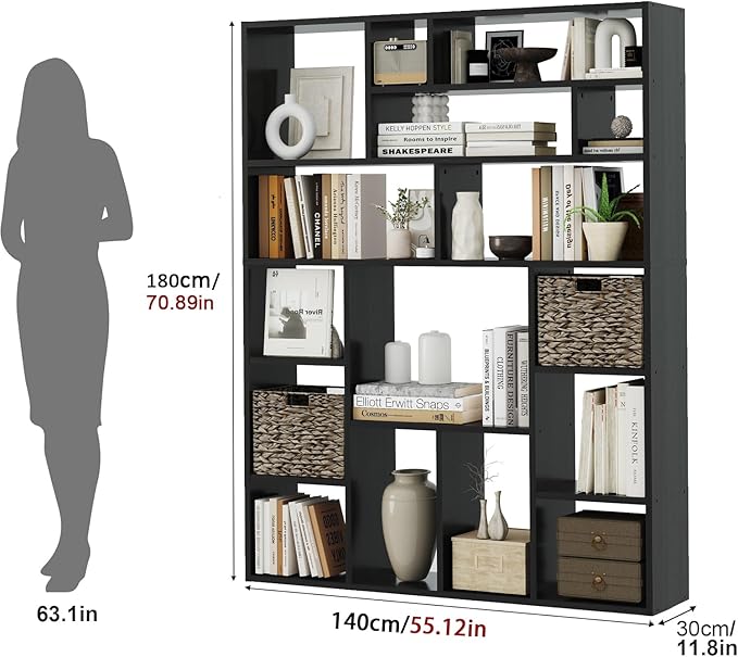 71” Tall Open Black Bookcase with Baskets, Free-Standing 6-Tier Wooden Display Storage Bookshelves with 16 Irregular Cubes for Living Room, Home Decor-Ruum Studio Home