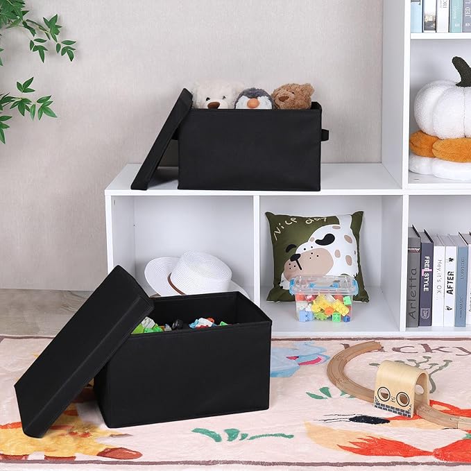 WUIKE 3 Pack Large Fabric Storage Bins with Lids, Decorative Storage Boxes with Handles, Storage Baskets for Shelves, Foldable Storage Containers, Closet Organizers for Towels, Clothes, Black-Ruum Studio Home