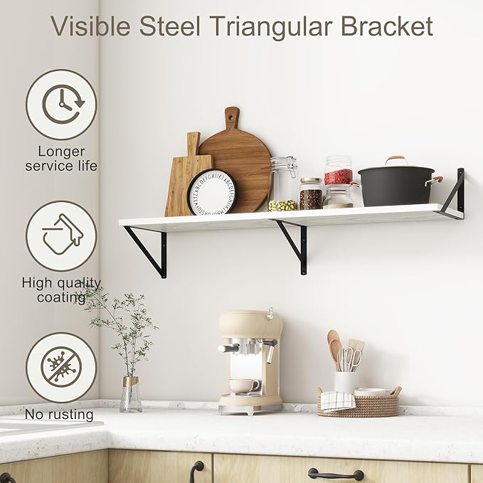 Fun Memories 40 Inch Floating Shelves, 10 Inch Deep Wall Shelf, 40 x 10 Floating Shelf Set of 2, White Wood Floating Shelf Wall Mounted, Large Kitchen Living Room Bedroom Storage Shelves-Ruum Studio Home