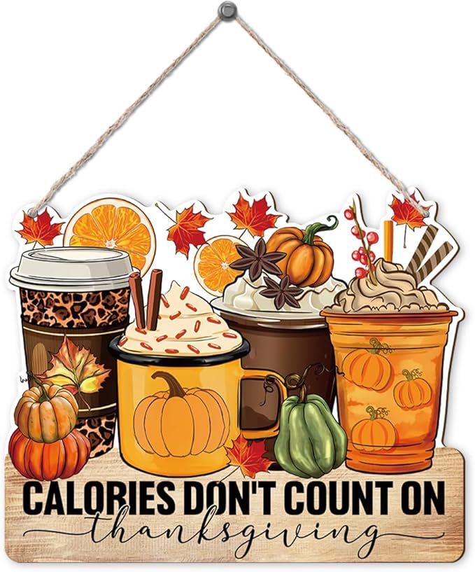 Thanksgiving Door Sign Decor, Calories don't Count on Thanksgiving, Fall Autumn Seasonal Wall Art Hanging Wooden Sign Halloween Decorations for Home Party Outside Indoor, Housewarming Gift-Ruum Studio Home