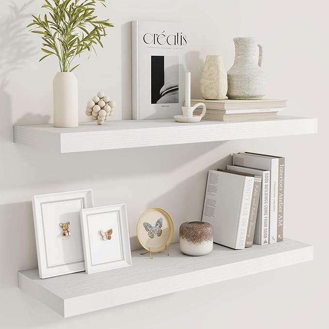 Fun Memories Floating Shelves for Wall, 30 Inch Rustic Wood Wall Mounted Shelves for Bathroom, Bedroom, Kitchen, Living Room, Deep Floating Shelves for Storage & Home Decor (White, Set of 2)-Ruum Studio Home