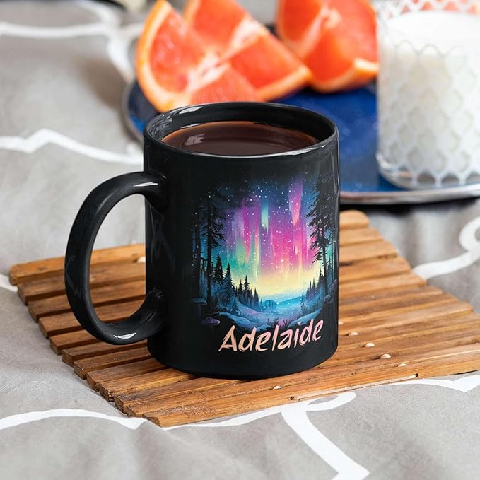 Personalized Winter Landscape Coffee Mug, Custom Northern Lights Ceramic Cup, Enchanted Forest With Vibrant Sky Mug, Custom Choose Name Black Mug 11oz 15oz, Gift For Nature Lovers-Ruum Studio Home