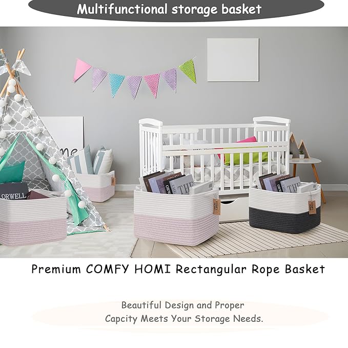 COMFY-HOMI 3PACK Cotton Rope Square baske with Handles for Shelves|Dog Toy baske Bin and Storage|Baby baske for Gift|Shoe baske for Organizing|13.5" x 11" x 9.5" for Living Room（White/Pink）-Ruum Studio Home