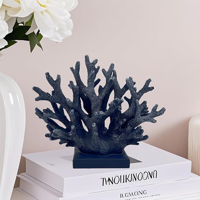 5.8" H Dark Blue Coral Decor - Resin Coral Statue, Nautical Decor for Home, Bedroom, Bathroom, Living Room, Ocean Themed Cabinet Shelf Tabletop Decoration-Ruum Studio Home