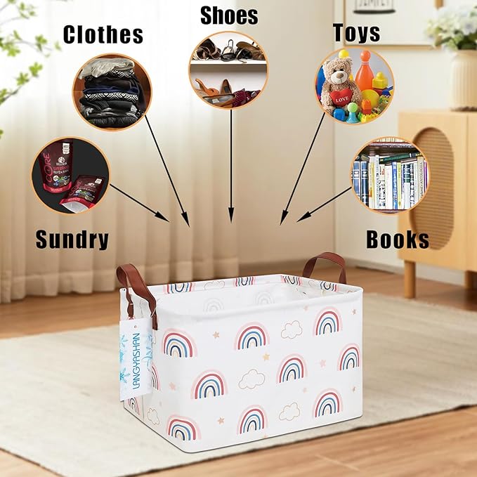 LANGYASHAN Rectangular Storage Bin Collapse Canvas Fabric Cartoon Storage Basket with Handles for Organizing Home Kitchen Boys and Girls Toys Office Closet Shelf Baskets(Rec Cloud Rainbow)-Ruum Studio Home