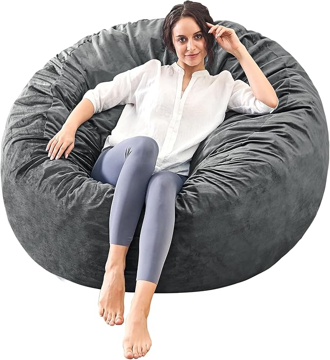 Bean Bag Chairs for Adults - Memory Foam Furniture BeanBag Chair - Kids/Teens Sofa with Soft Micro Fiber Cover - Round Fluffy Couch for Living Room Bedroom College Dorm - 4.5 ft, Gray Stripe-Ruum Studio Home