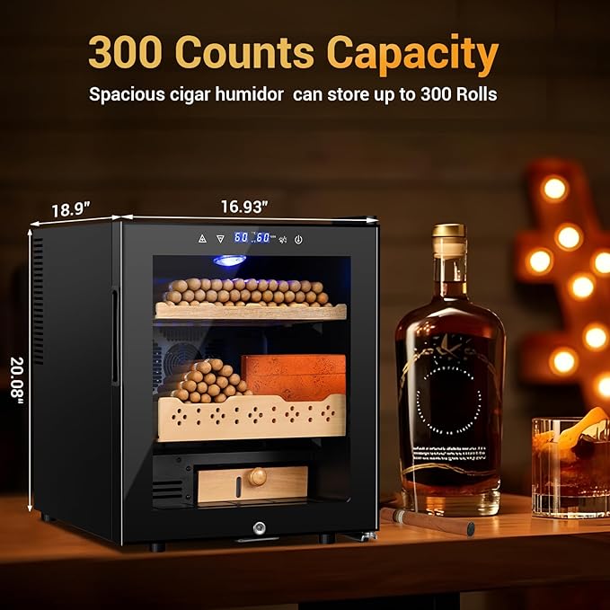 Electric Humidor for Cigars, 50L 300 Counts Large Capacity, Thermostatic Electric Cigar Cooler Cabinet with Spanish Cedar Wood Shelves, Digital LED Screen, Smart Humidity & Temp Control, Gifts for Men-Ruum Studio Home