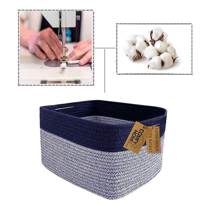 COMFY-HOMI Rectangular Cotton Rope Basket With Handles for Shelves|Dog Toy|Baby Gift - Dark Blue (13.5" x 11" x 9.5")-Ruum Studio Home