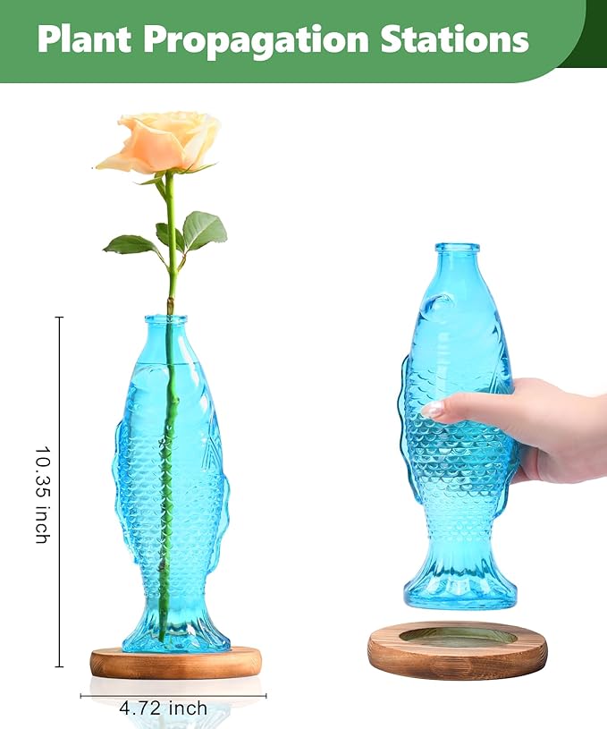 Nacome Fish Vase Glass Plant Terrarium with Wooden Stand,Planter Propagation Station for Home Office Hydroponics Desk Decoration,Unique Gardening Gifts for Plant Lovers Women Mom(Blue)-Ruum Studio Home