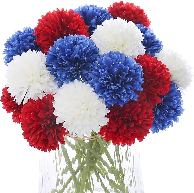 Kimura's Cabin 21Pcs Faux Chrysanthemum Flowers 4th of July Patriotic Flower Decor Artificial Mums Memorial Day Fake Ball Flower Home Event Table Centerpieces DIY Decoratio (Red White Blue-Ruum Studio Home