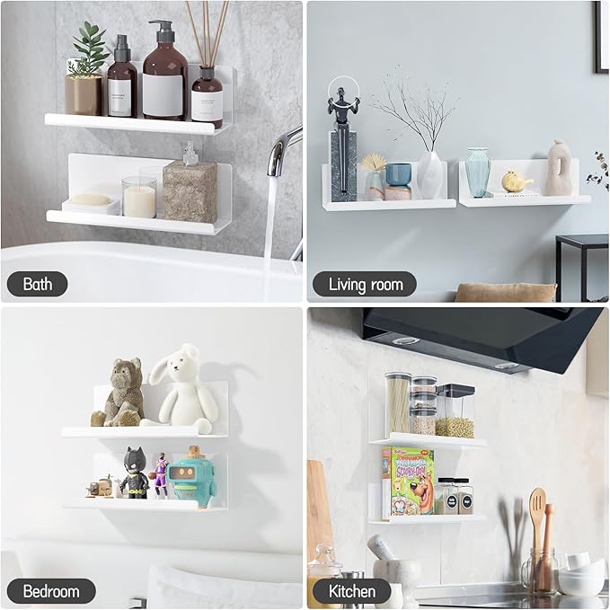Acrylic Wall Floating Shelves Set of 2, Wall Shelves White 12 Inch Adhesive Wall Organizer Adhesive Shelf for Bathroom, Kitchen, Bedroom, Office, Gaming Room, No Damage, No Drill-Ruum Studio Home