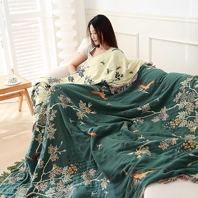 Boho Muslin Blanket for Adults 4-Layer Gauze Twin Size Soft Cozy 100% Cotton Summer Cooling Blanket Floral Decor for Sofa Bed Coverlet Both Sides (Tassels Birds and Floral, 80 x 90 in)-Ruum Studio Home