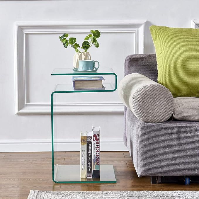 Glass Nightstand,Side Table,S-Shaped End Table for Living Room,Bedside Table for Bedroom (Clear)-Ruum Studio Home